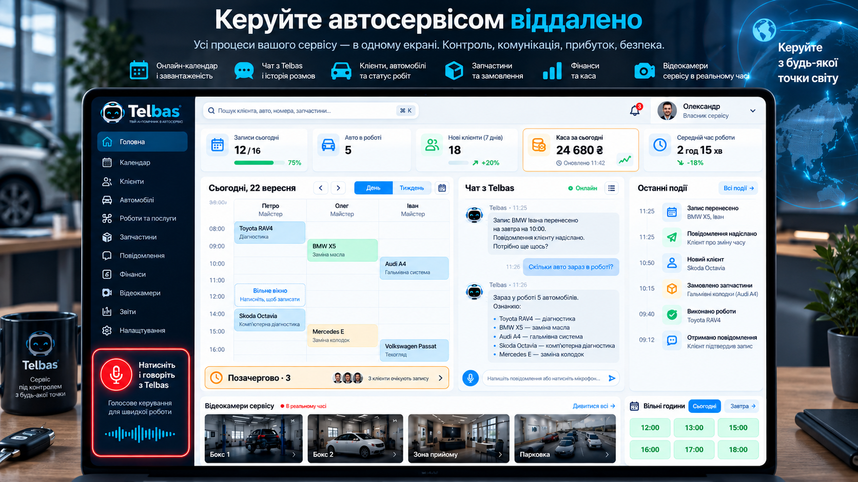 Панель керування Telbas на комп’ютері: календар, чат з Telbas, останні події та відеокамери