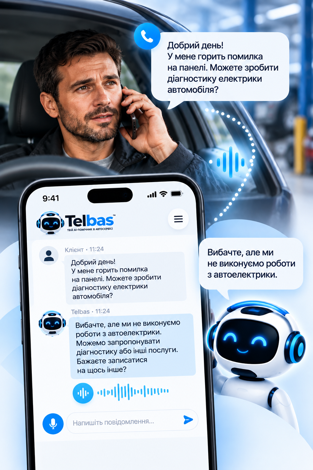 Клієнт телефонує з автомобіля, а Telbas спілкується з ним та ввічливо відмовляє у роботі, яку сервіс не виконує